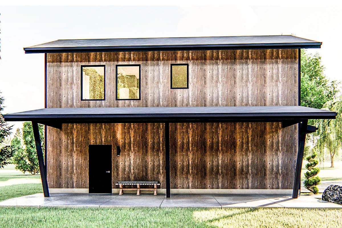 House plan exterior: Two-story modern design with wood siding, flat roof, covered porch, and three upper-level windows.