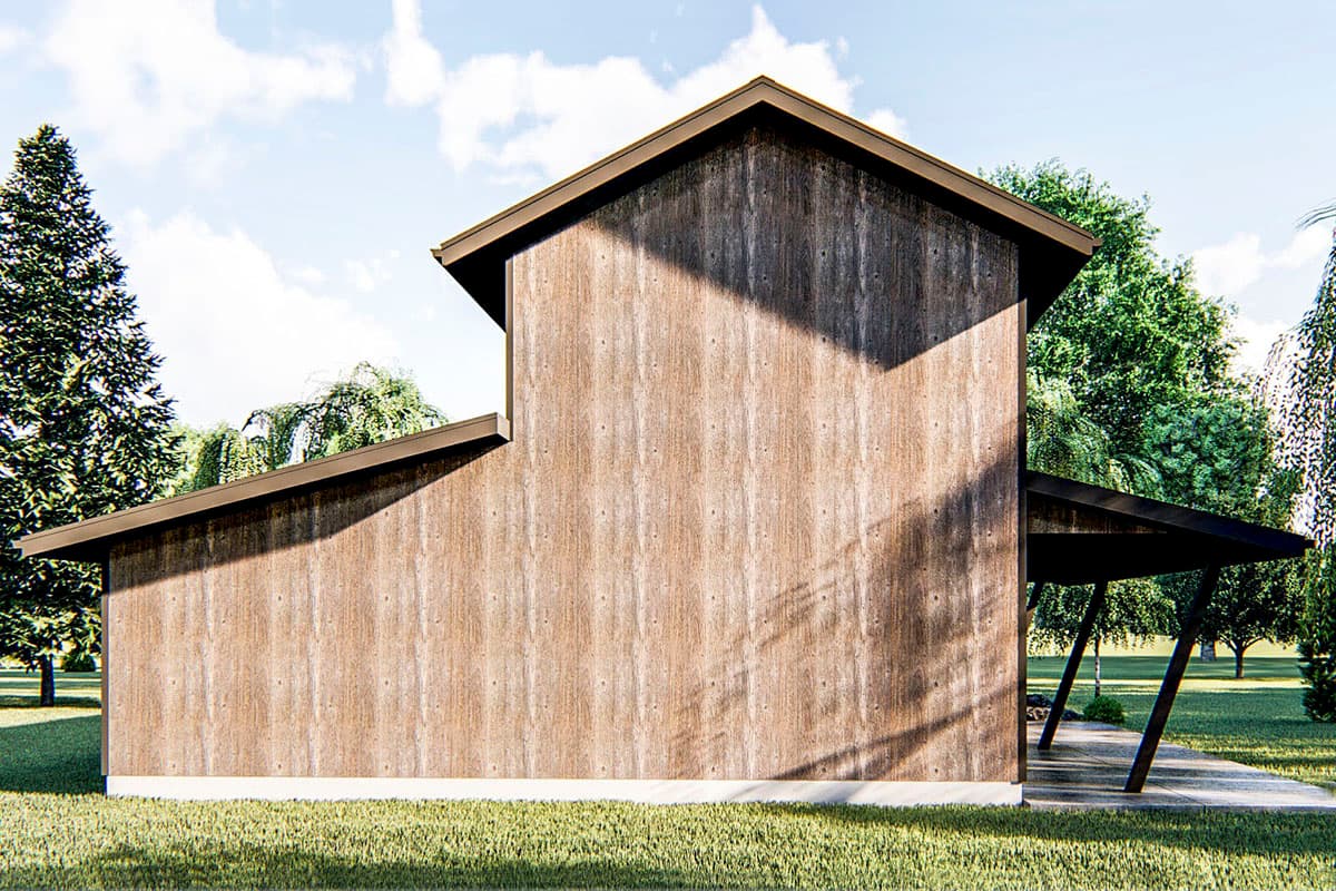 House plan exterior view showcasing a modern design with wood-textured siding, a prominent gable roofline, and an attached covered porch area.