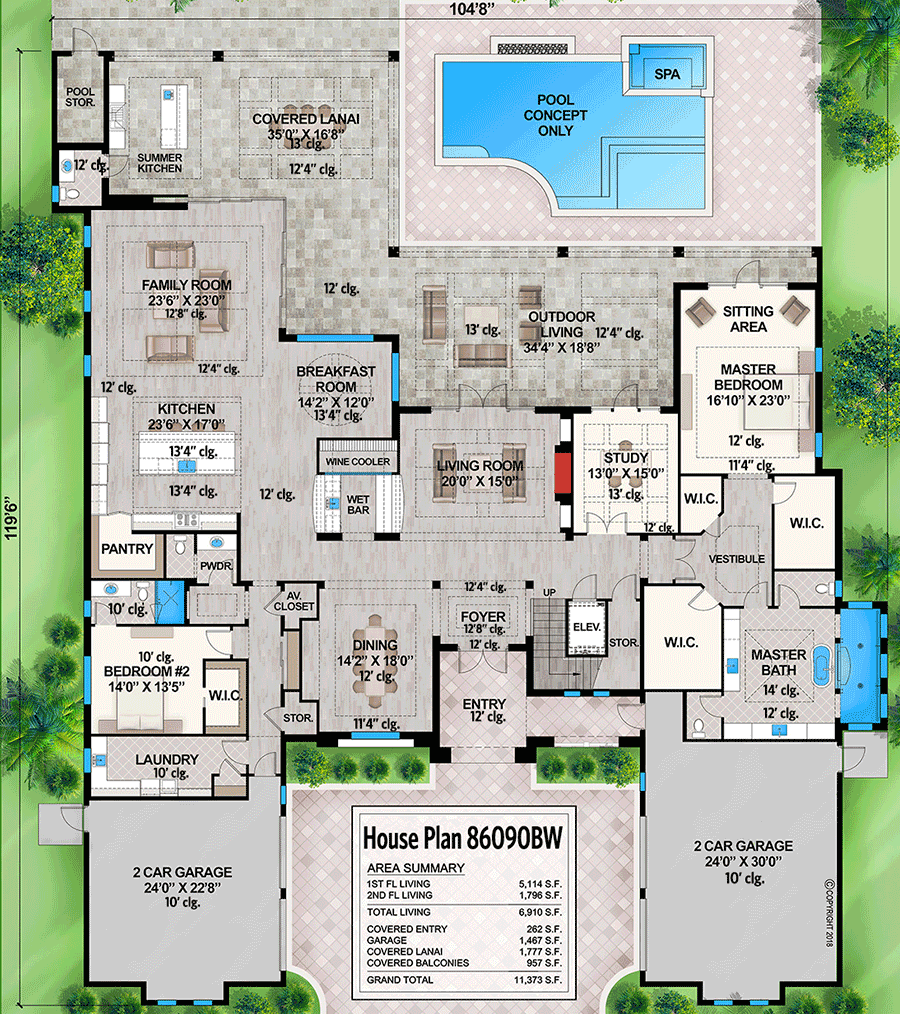 Plan 86090BW: Generously-sized Florida Home Plan for Indoor / Outdoor Lifestyle - Floor Plan - Main Level - Contemporary, Florida-Style, Southern
