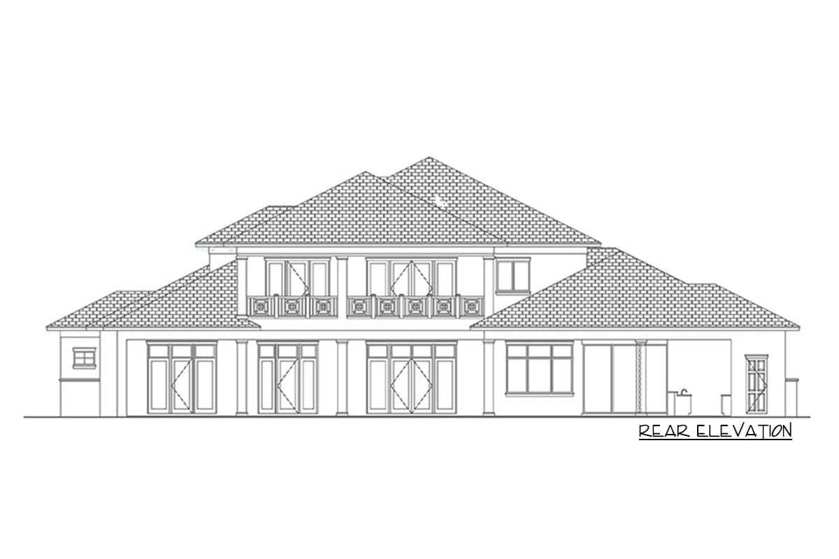 Rear elevation drawing of a two-story house with multiple balconies, large windows, and a hip roof.
