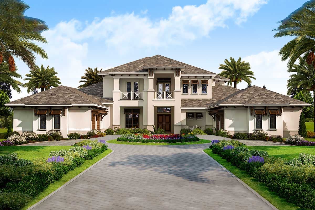 House plan exterior. Two-story Mediterranean-style home with a hipped roof, covered balconies, and a porte-cochere. Features a circular driveway.