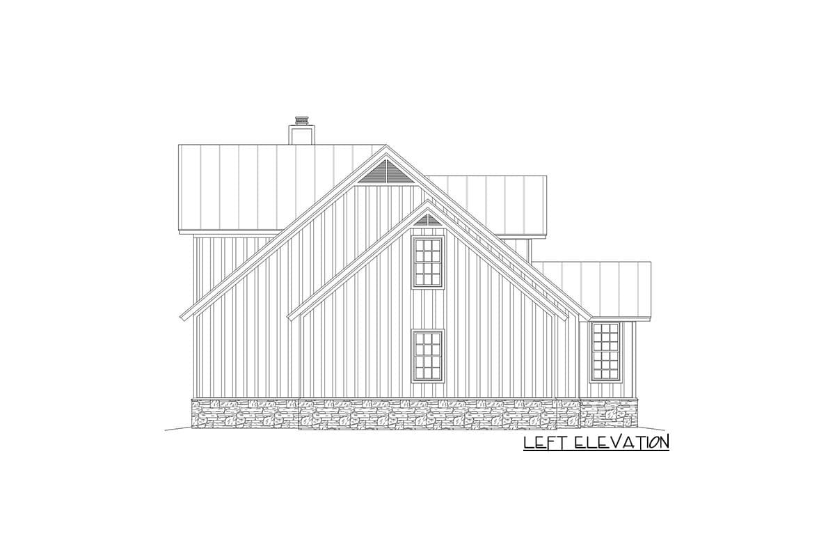 Left elevation house plan drawing shows a two-story structure with vertical siding, gables, a stone foundation, and a chimney.