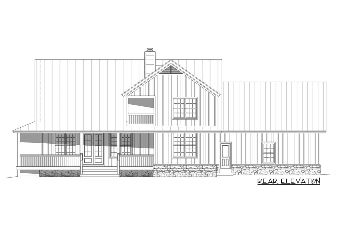 Rear elevation drawing of a house plan featuring a wraparound porch, gabled dormer, and stone foundation.