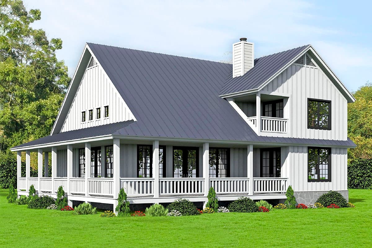 Modern Farmhouse house plan exterior with wrap-around porch, metal roof, and prominent gables.