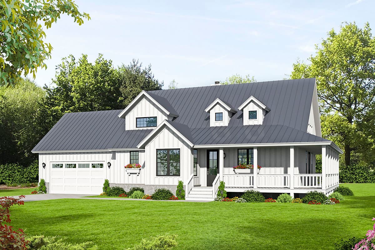 House plan exterior rendering. Modern Farmhouse style with a two-story design. Features include a front porch, dormers, and a gabled roof.