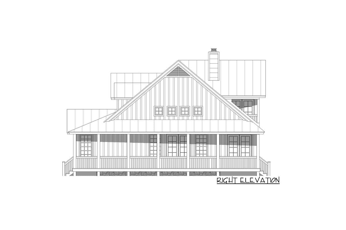 Right elevation house plan with wrap-around porch, gables, dormers, and a prominent central gable.