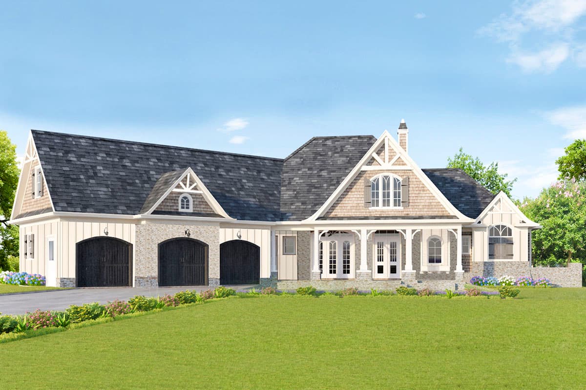 House plan exterior featuring a Craftsman style, single story, with gables, a porch with columns, and a three-car garage.