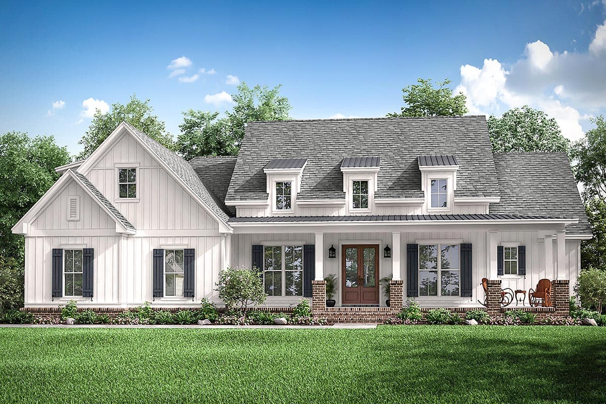 House plan exterior. Two-story Modern Farmhouse with a gabled roof, dormers, a front porch with columns, and board-and-batten siding.