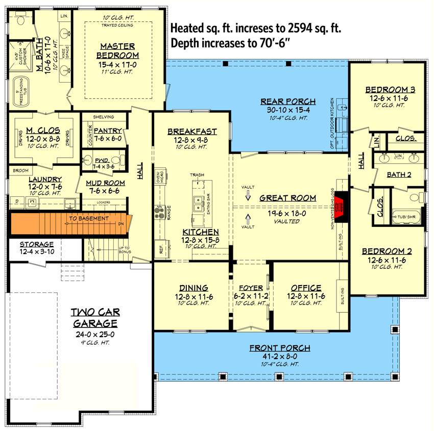 Plan 51807HZ: Modern Farmhouse Plan with Three Dormers - 2570 Sq Ft - Floor Plan - Basement Stair Location - Country, Craftsman, Farmhouse, Modern Farmhouse, New American