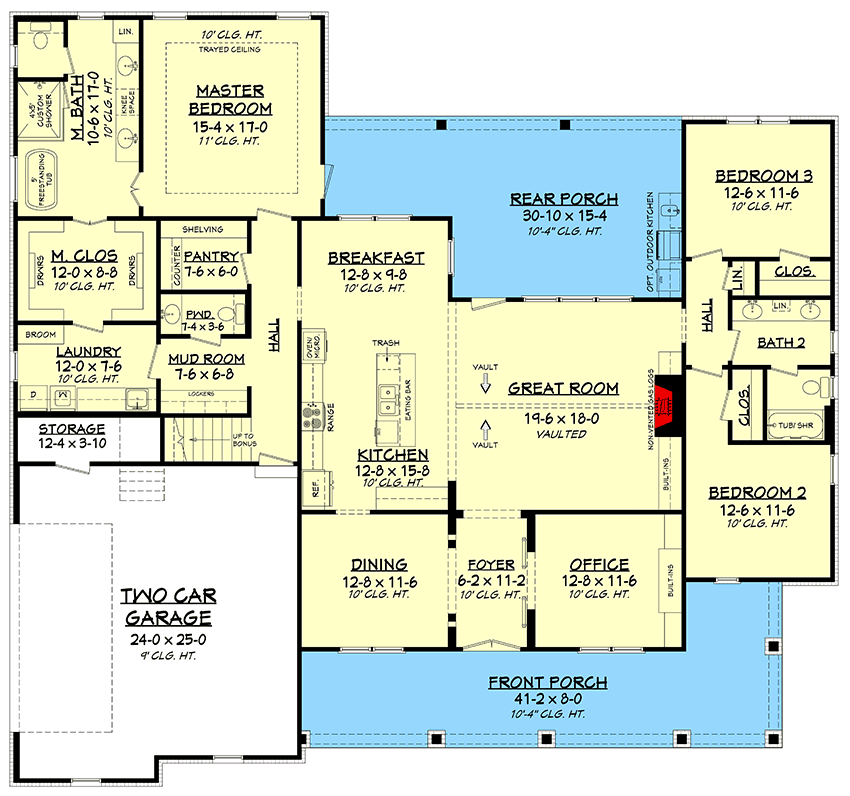 Plan 51807HZ: Modern Farmhouse Plan with Three Dormers - 2570 Sq Ft - Floor Plan - Main Level - Country, Craftsman, Farmhouse, Modern Farmhouse, New American