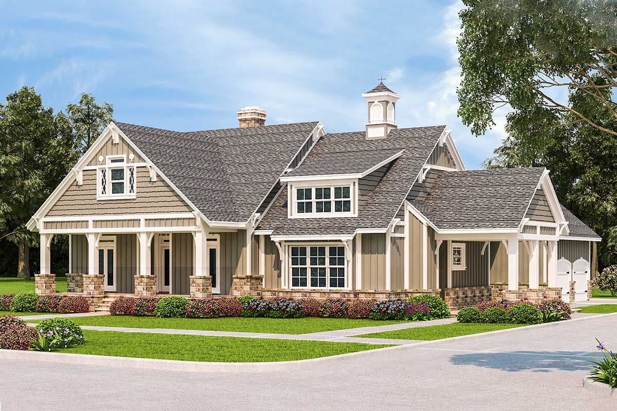 House plan exterior. Craftsman style, single story home with gabled rooflines, a front porch, and a cupola.