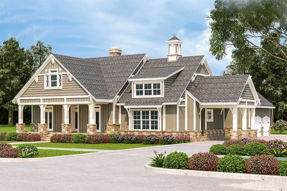 House plan exterior: Craftsman style, one-and-a-half stories, covered front porch with stone pillars, gables, dormer, and cupola.