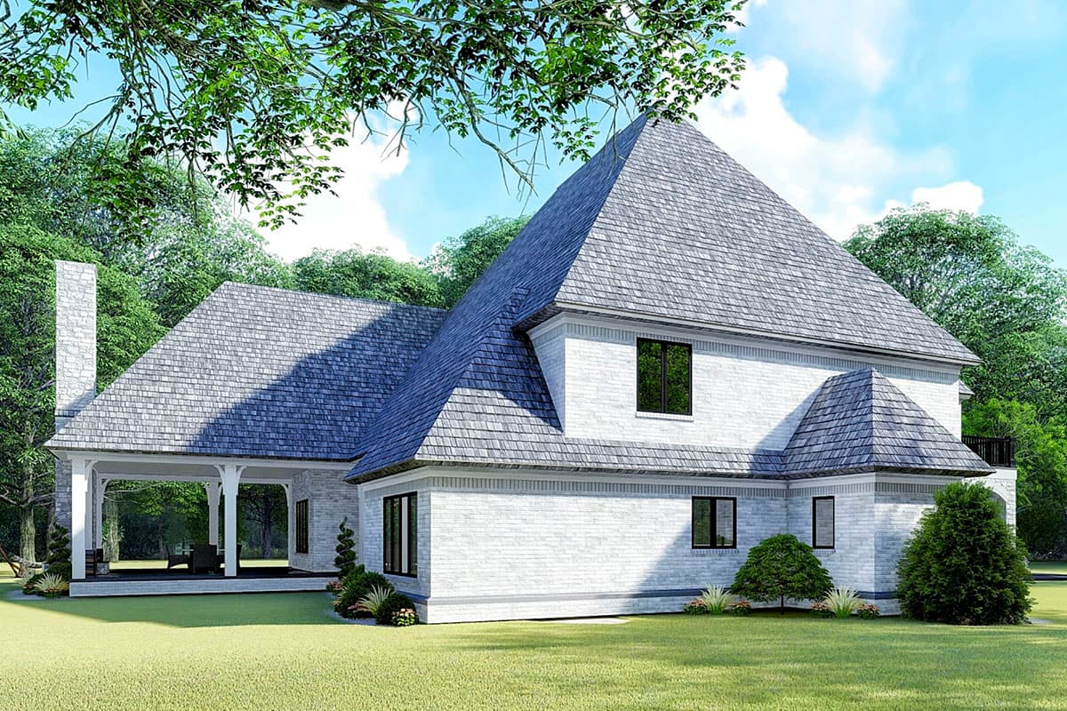 House plan exterior, two stories, white brick, prominent gables, stone chimney, and covered porch.