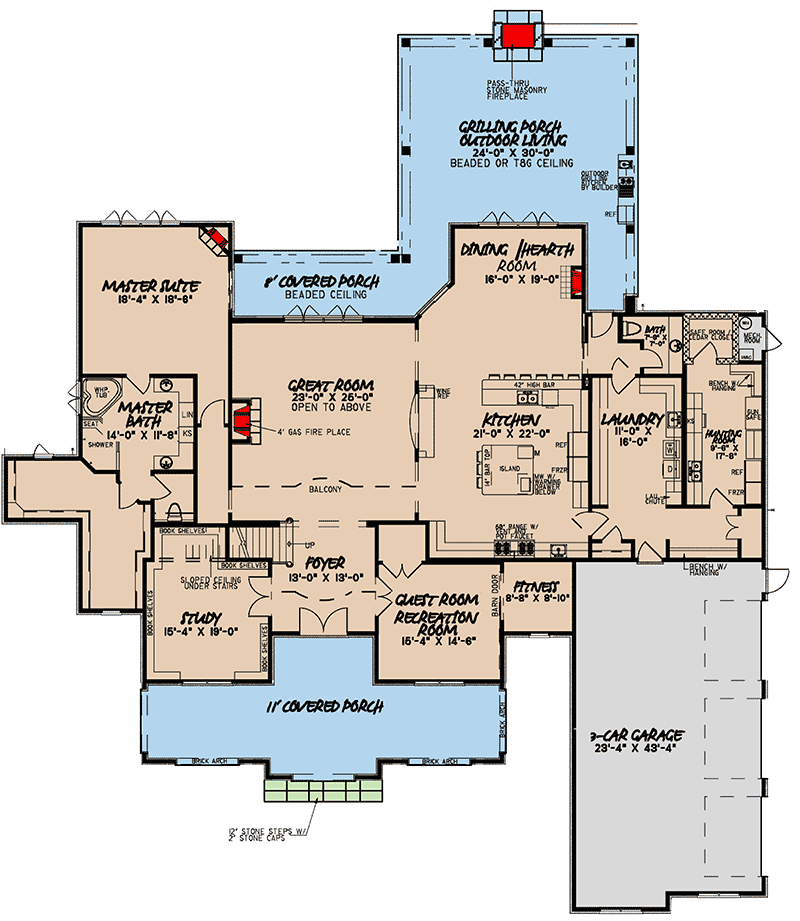 Plan 70633MK: Spectacular European Home with Hunting Room - 5615 Sq FT - Floor Plan - Main Level - European, French Country, Mediterranean