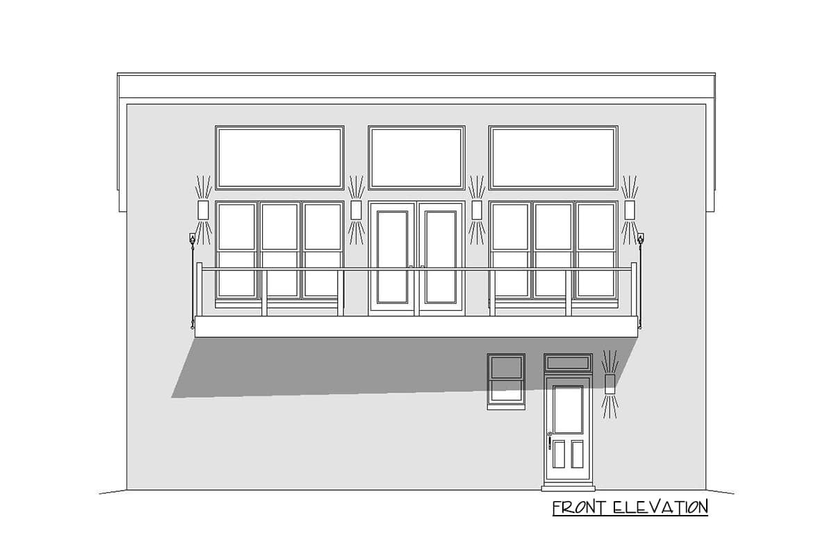 Front elevation drawing showing a second-story balcony with double doors and multiple windows, and a first-floor entrance with a single door.