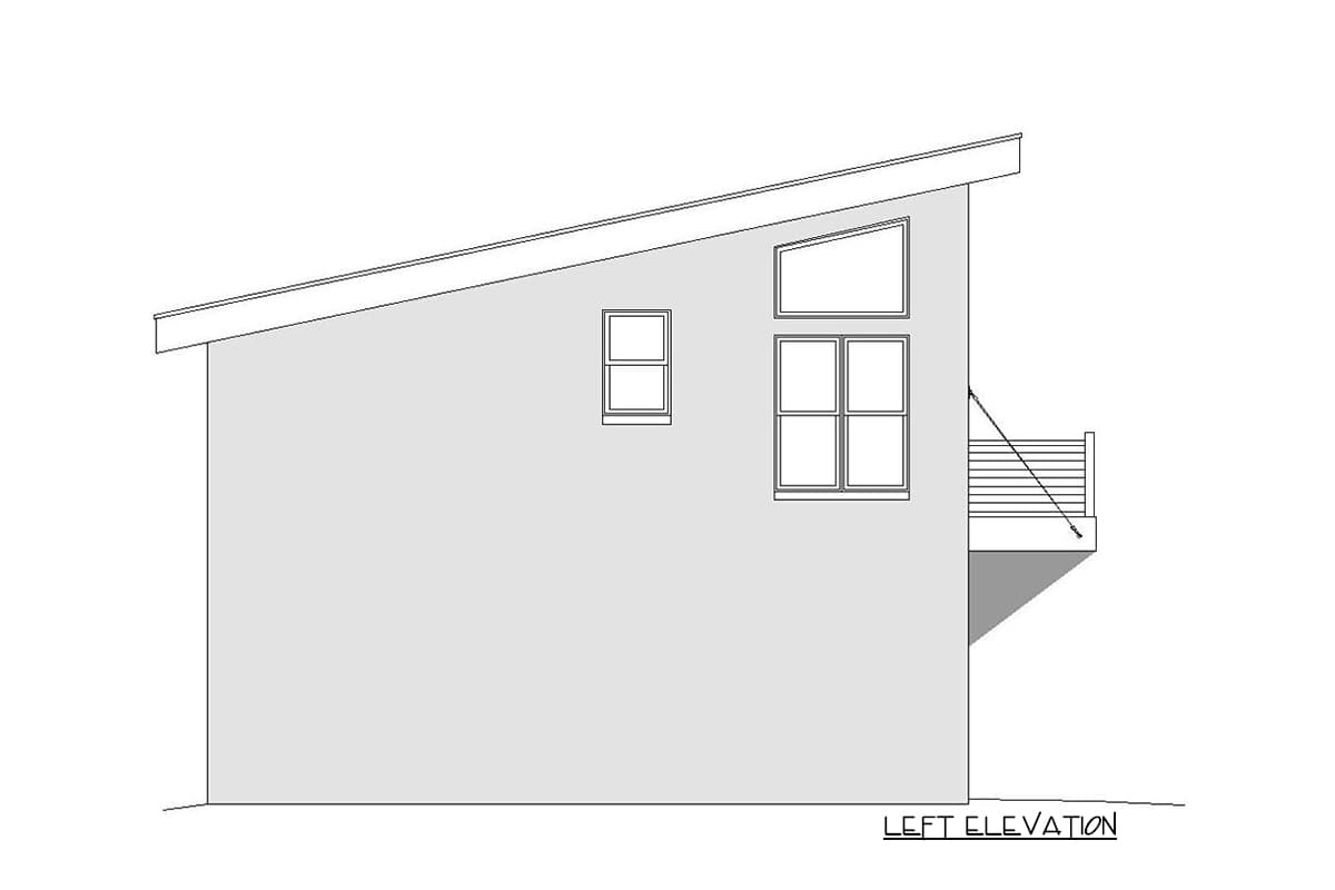Left elevation drawing of a house with a shed roof, three windows, and a small deck.
