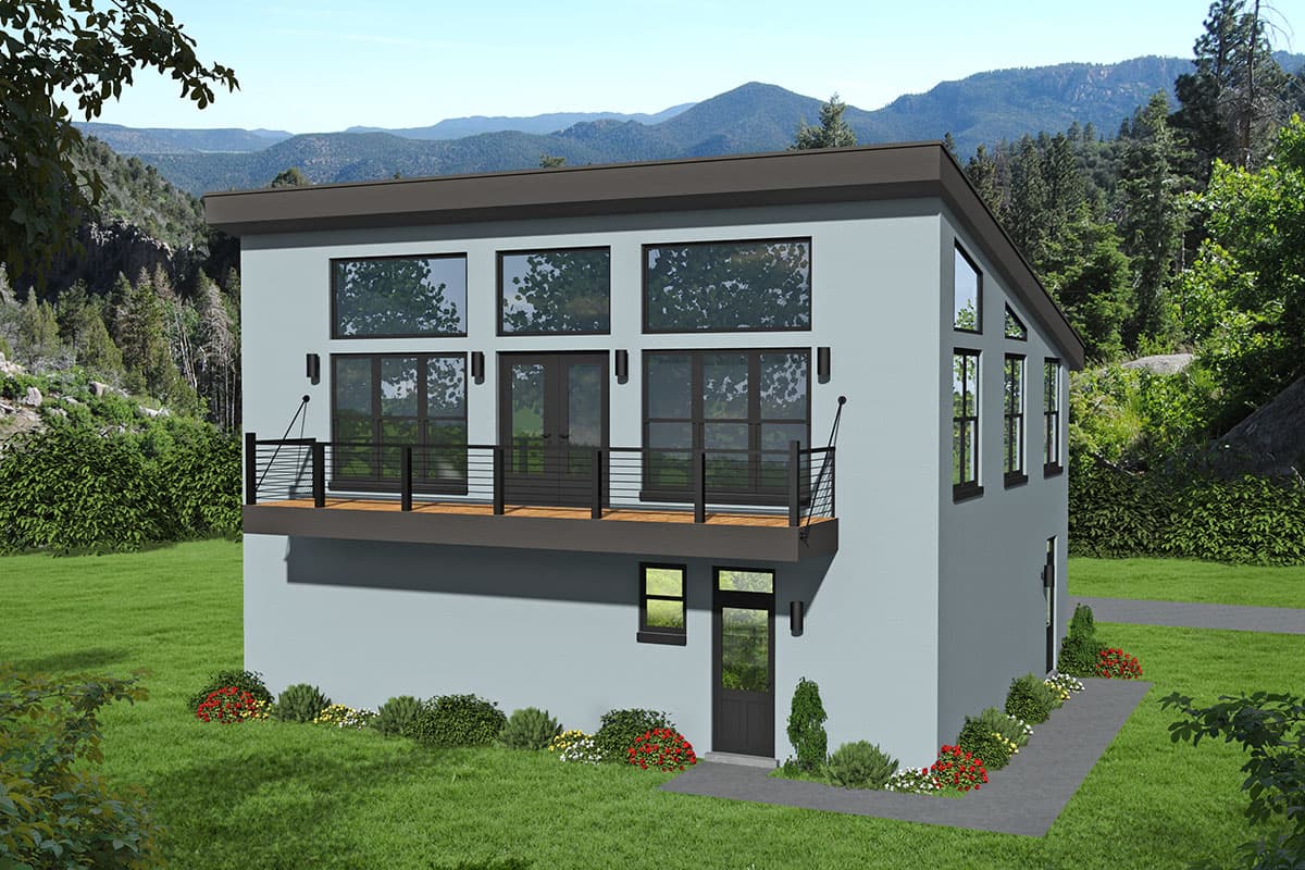 House plan exterior featuring modern design with a flat roof, balcony with a metal railing, and large windows on two stories.