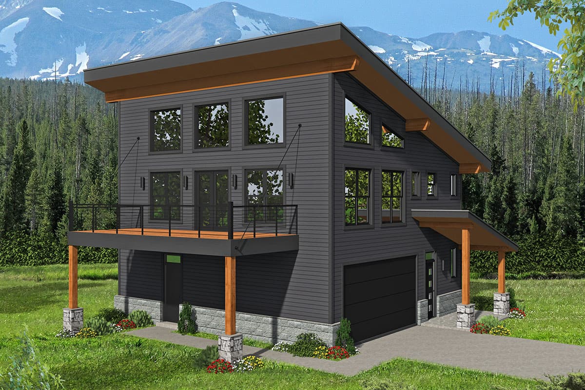 Modern house plan exterior: two stories, dark siding, large windows, second-story deck, and attached garage.