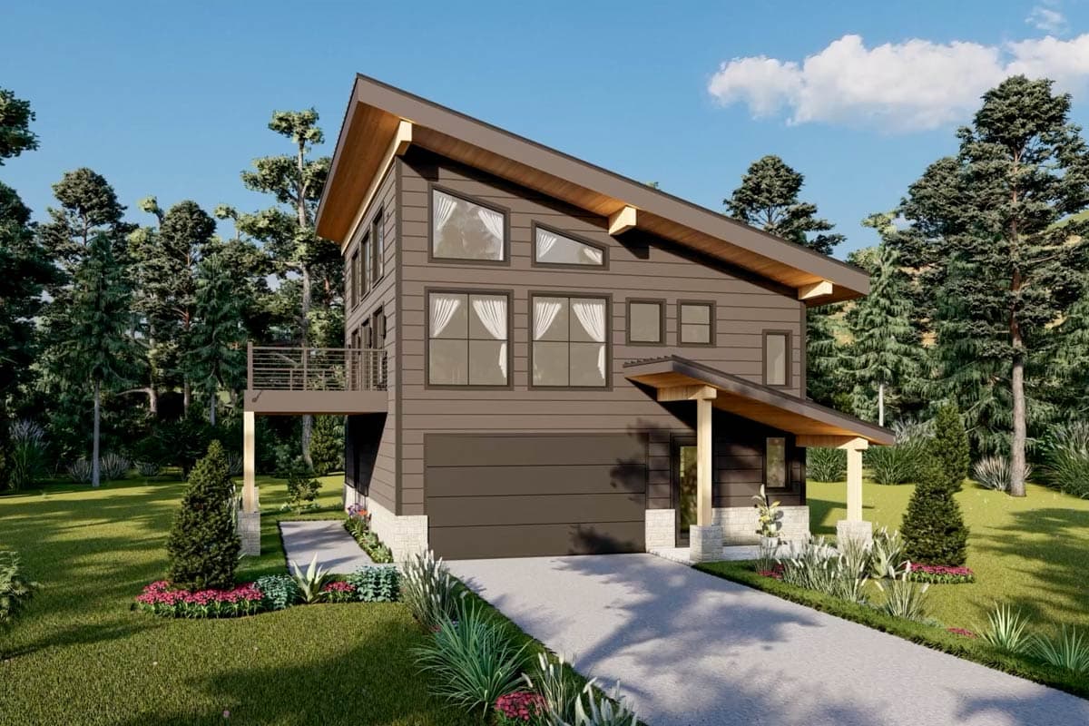 Modern house plan exterior, two stories, with a sloped roof, second-story balcony, and attached garage.