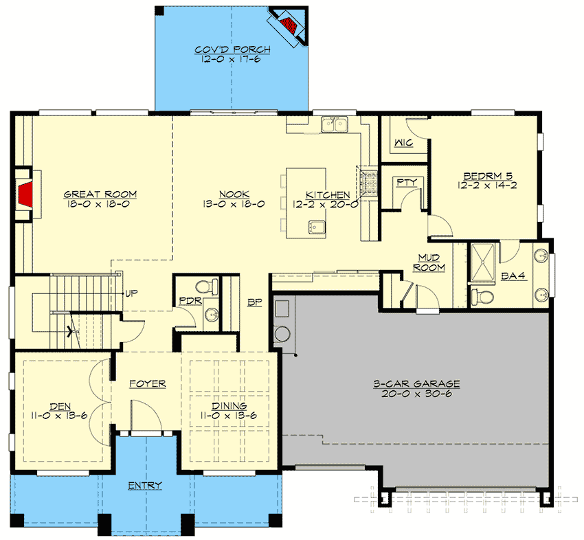 Plan 23823JD: Multi-Gabled 5-Bedroom House Plan with Two-Story Great Room - 3904 Sq Ft - Floor Plan - Main Level - Craftsman, New American, Northwest