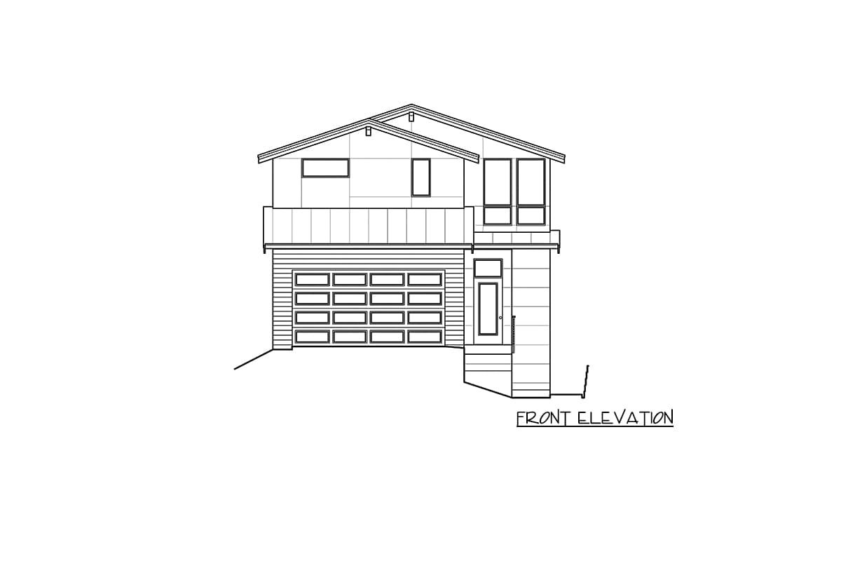 Front elevation drawing of a two-story house with a gable roof, multi-panel garage door, and balcony.