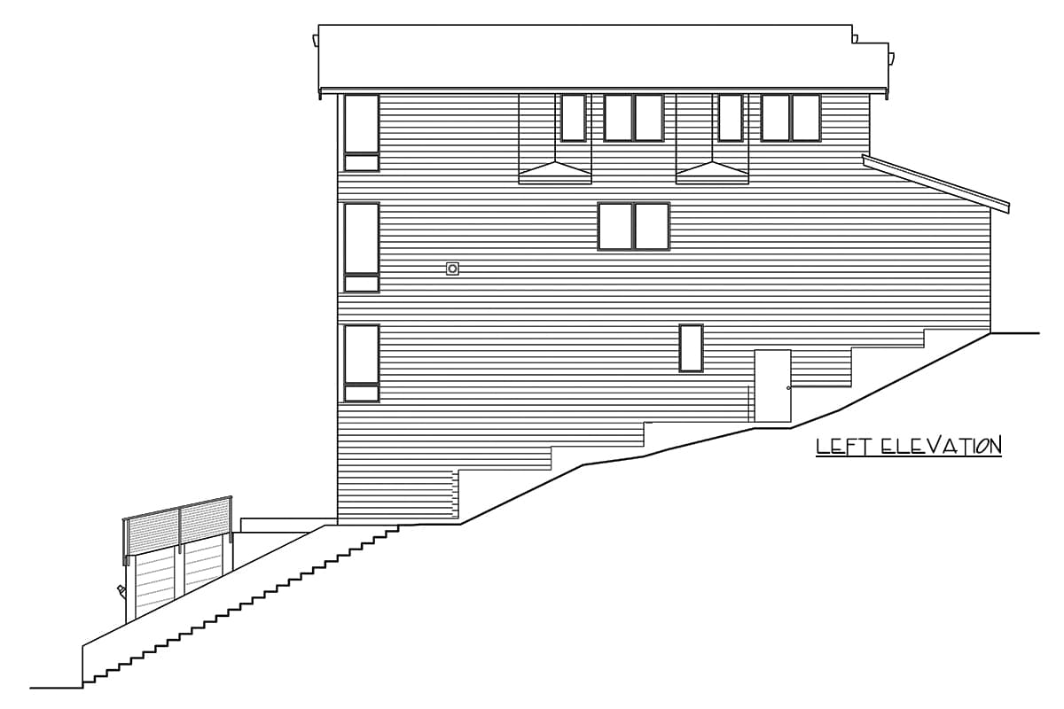 Left elevation house plan showing a multi-story structure with horizontal siding, various window sizes, and a sloping terrain with stairs.