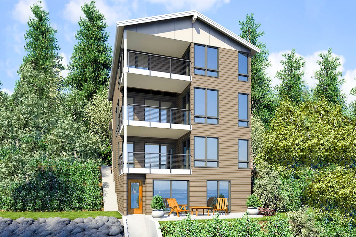 House plan exterior of a three-story modern home with multiple balconies, large windows, and horizontal siding.