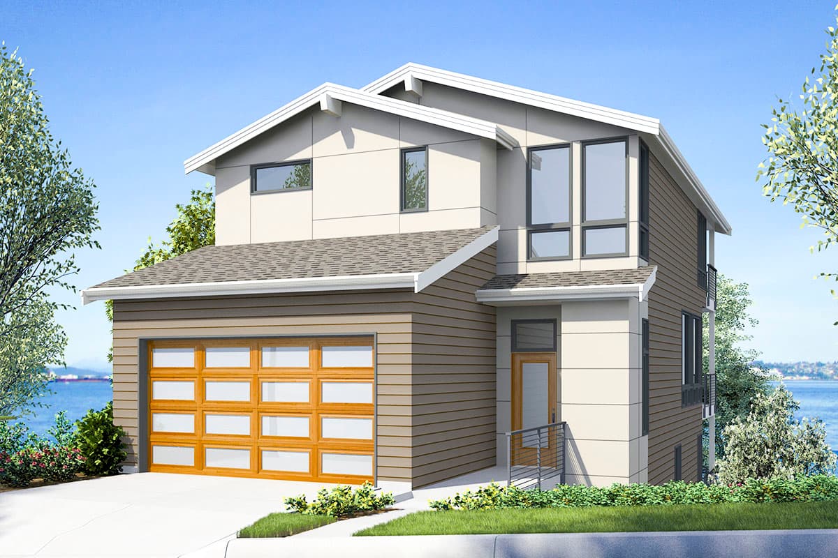 House plan exterior with two stories, a two-car garage, and a gabled roof. Features large windows and a front entry porch.