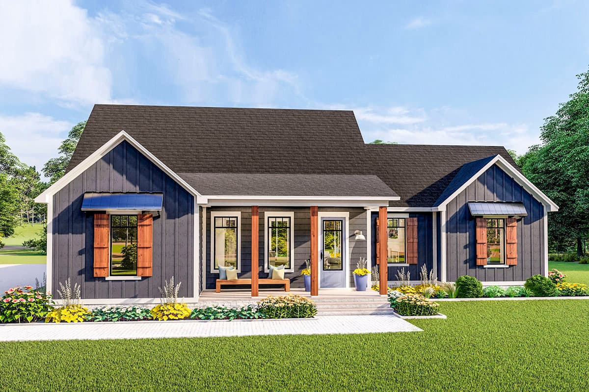 House plan exterior. Farmhouse style with a single story, gable roof, covered porch, and window shutters.