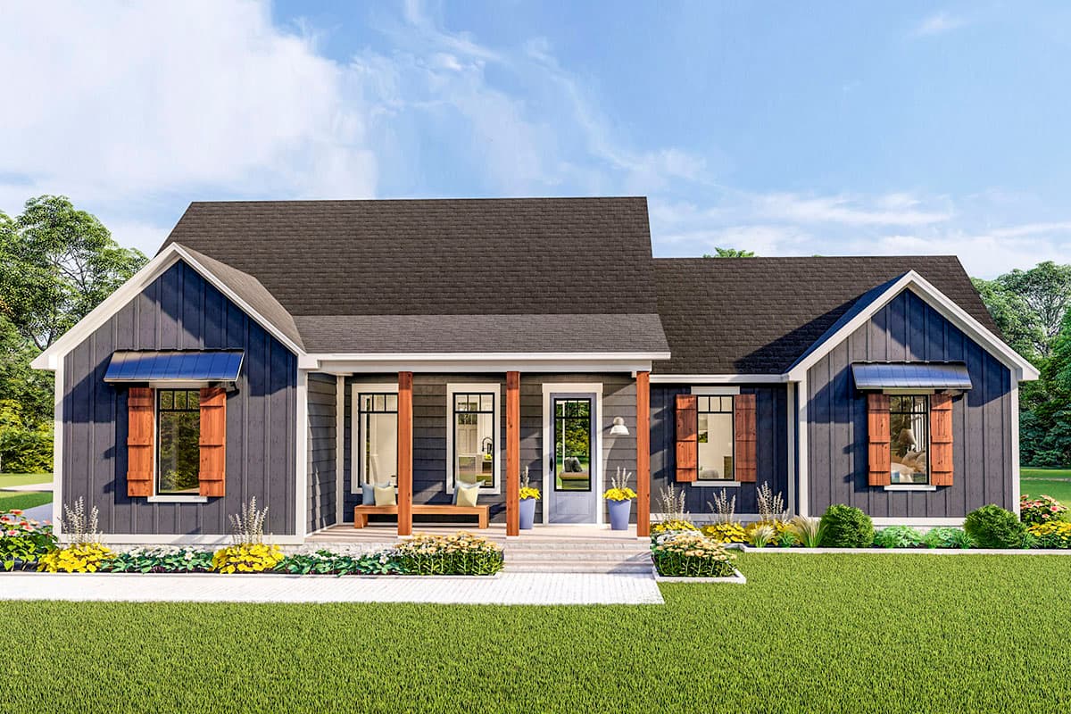 Modern Farmhouse style house plan exterior with a covered porch, dark siding, gables, and stone accents.