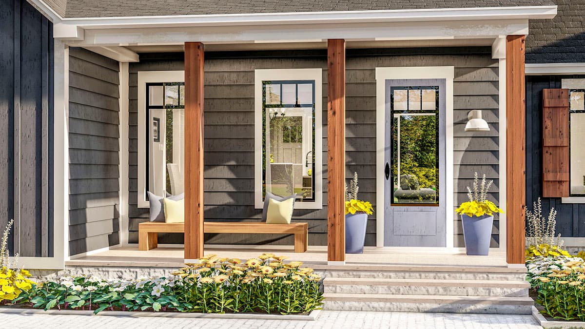 House plan exterior with covered porch, wood columns, stone steps, and dark horizontal siding.
