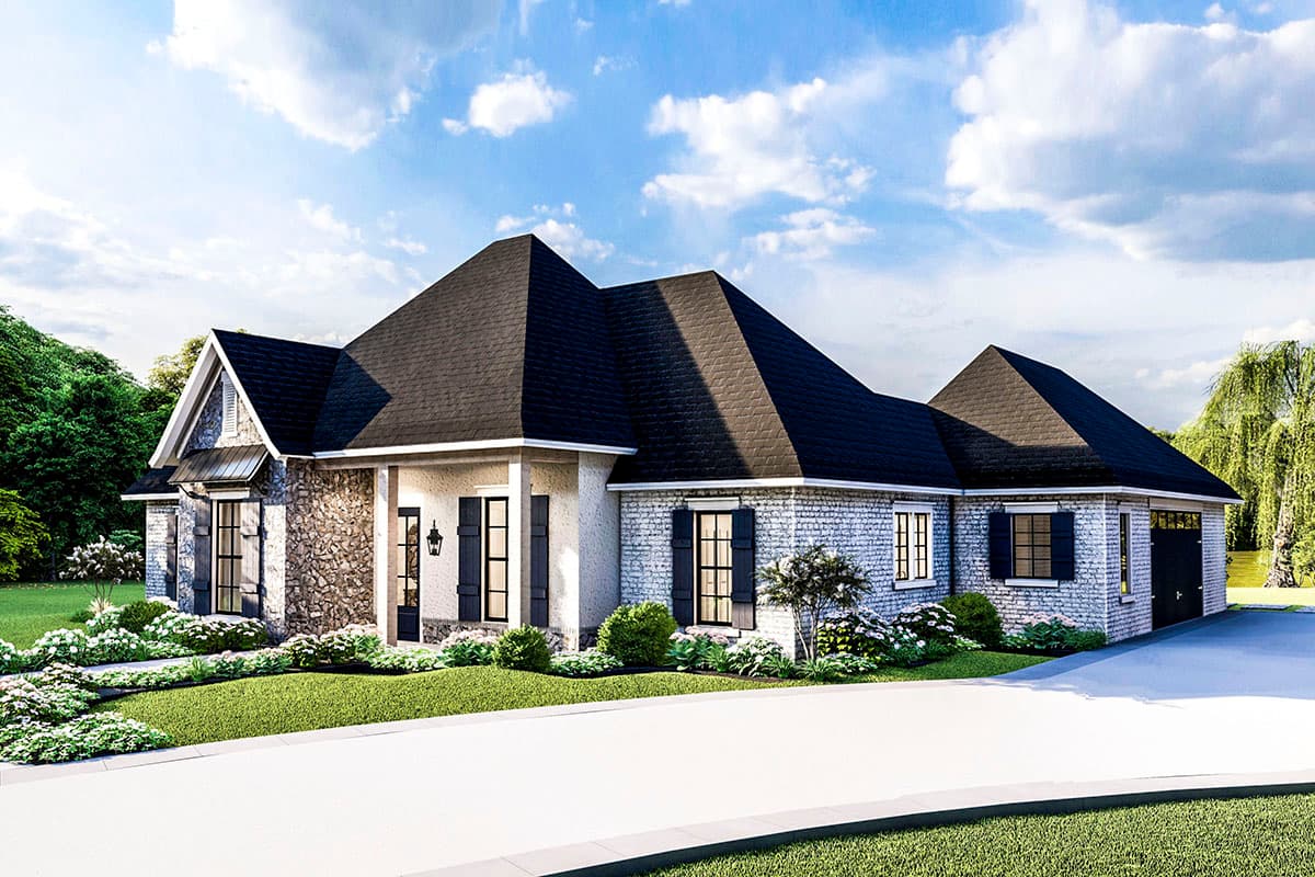 House plan exterior with a pitched roofline, stone and brick facade, front porch with columns, and attached garage.