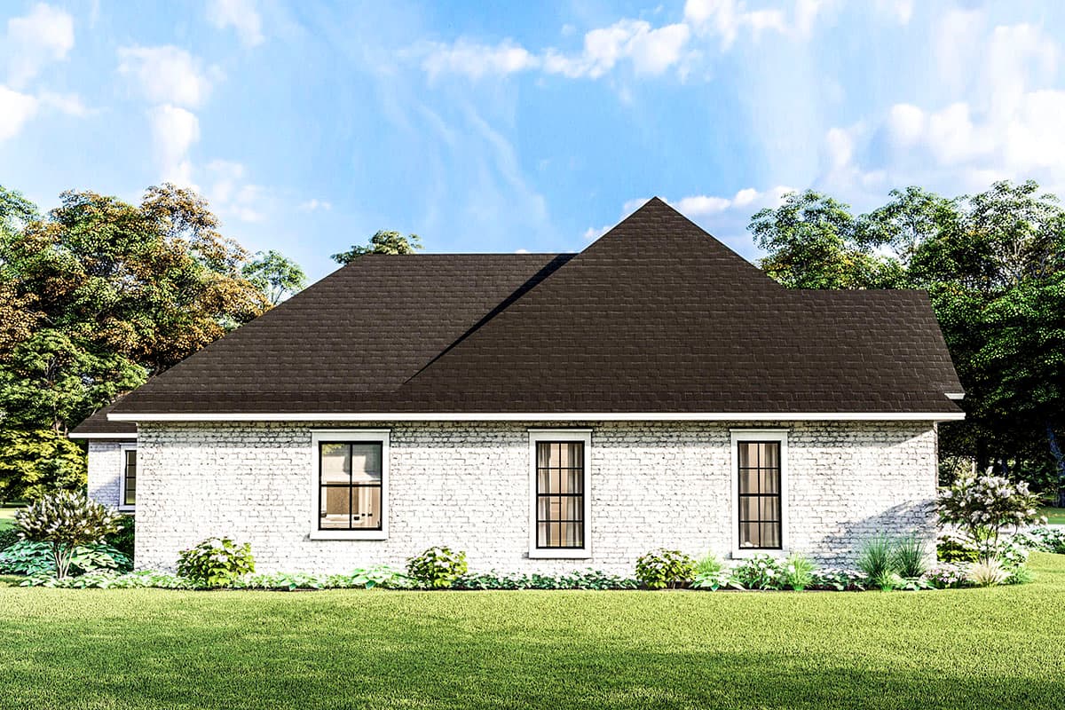 House plan exterior: Single-story home with white brick, dark roof, multiple gables, and evenly spaced windows.