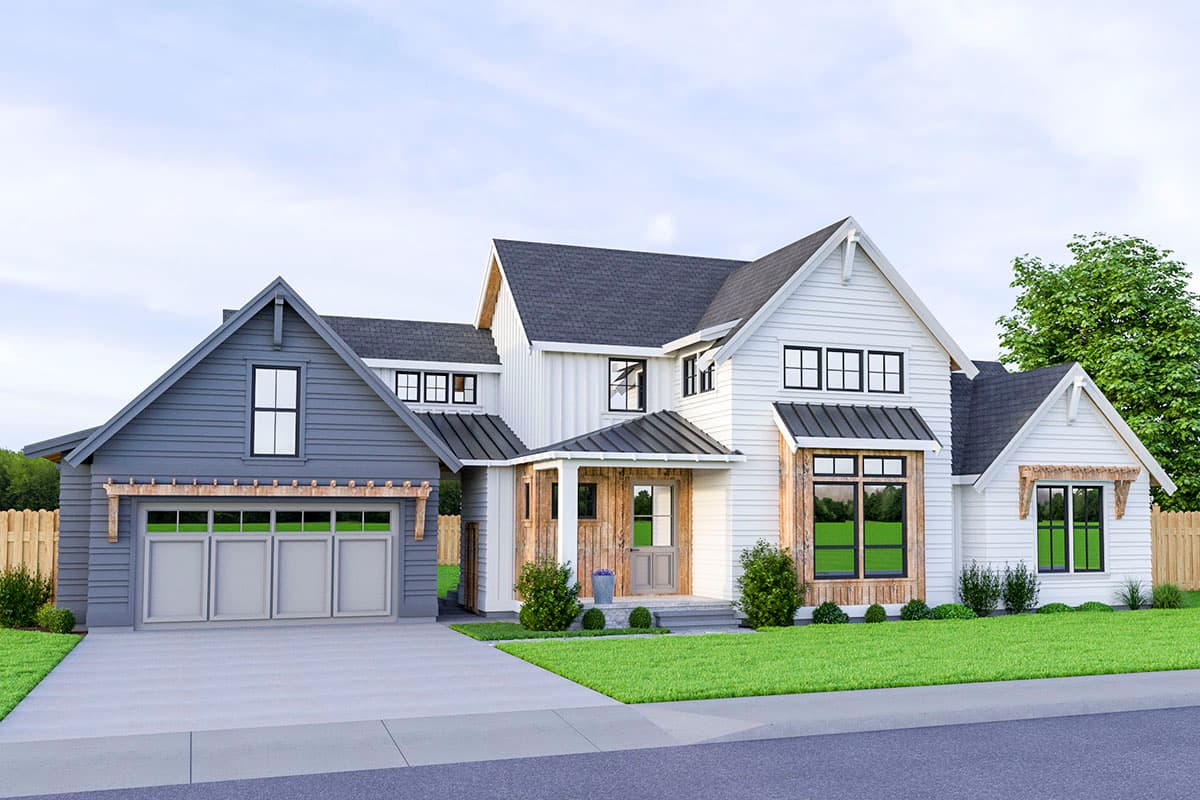 Modern Farmhouse house plan exterior: two stories, white siding, gray garage, covered entry, gable rooflines, and dormers.