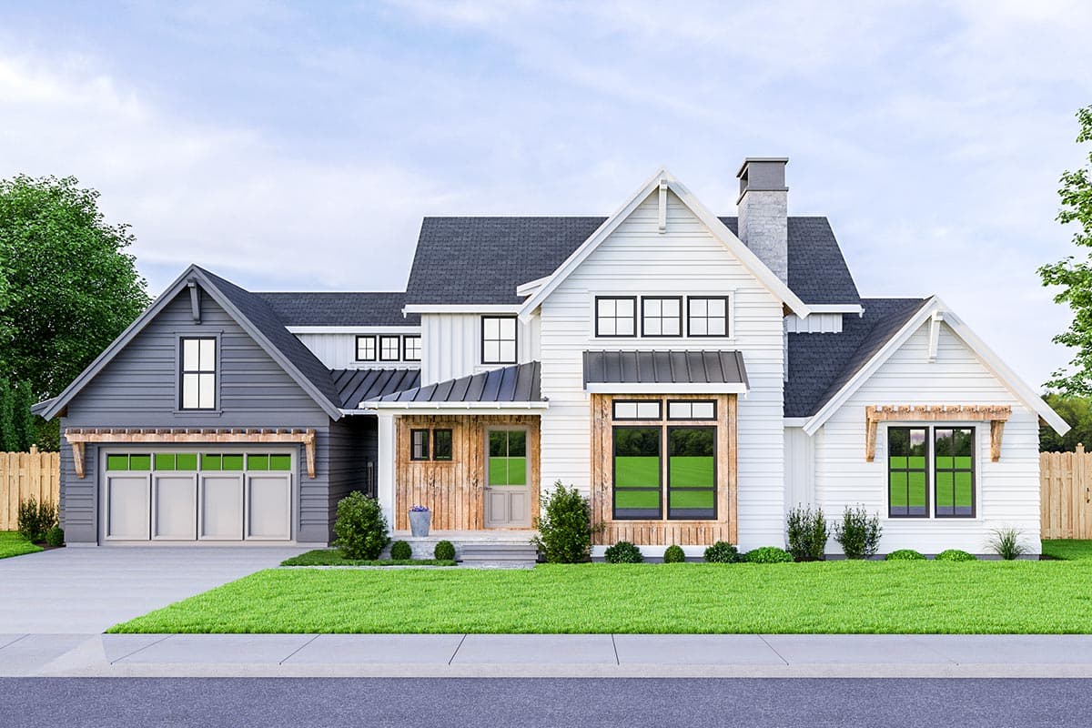 House plan exterior. Modern farmhouse style with two stories, gabled rooflines, a front porch, and a side-entry garage.