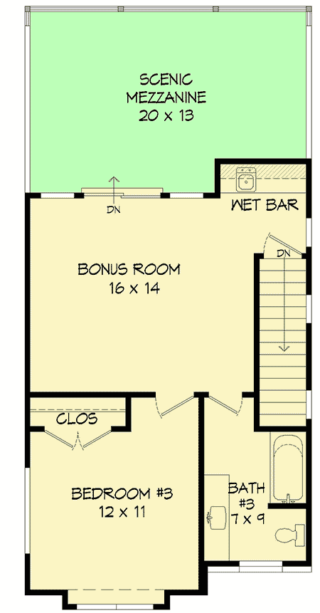 Plan 68634VR: Contemporary 3-Story Home Ideal for Narrow Lot - 2129 Sq Ft - Floor Plan - Third Level