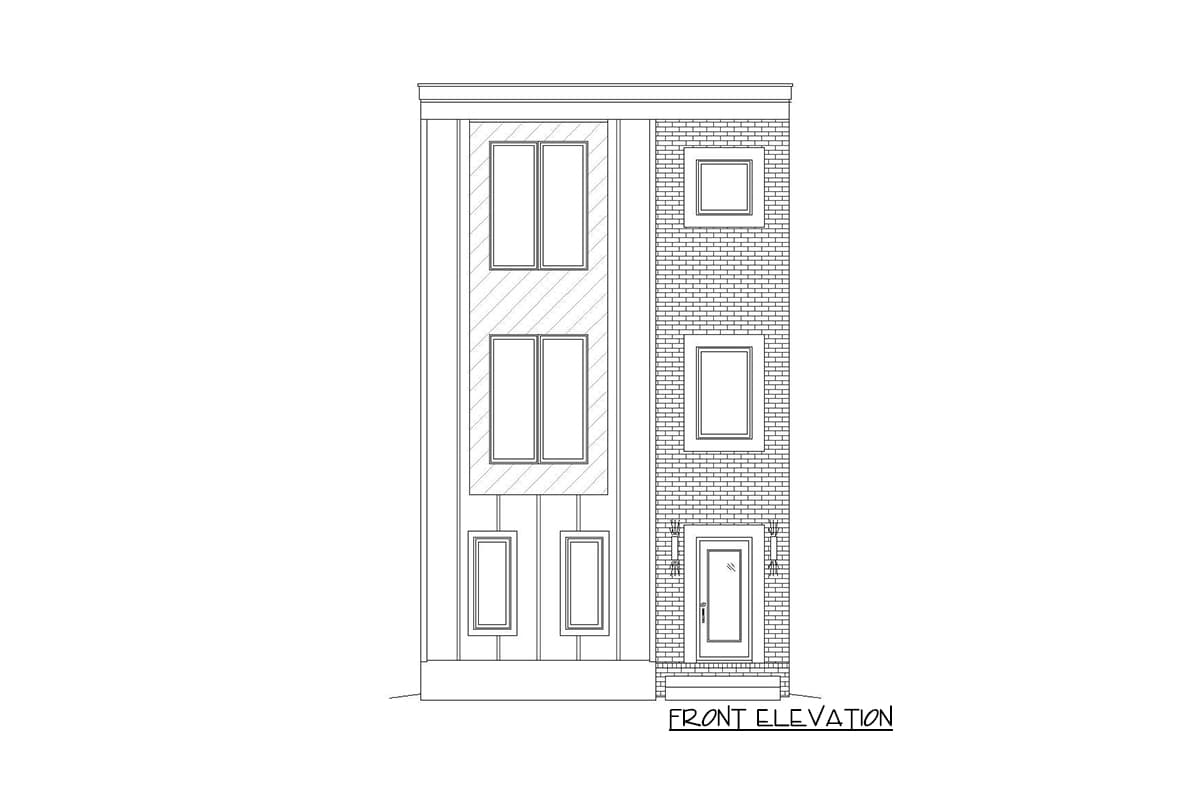Front elevation drawing of a two-story house with brick facade and modern window arrangements.