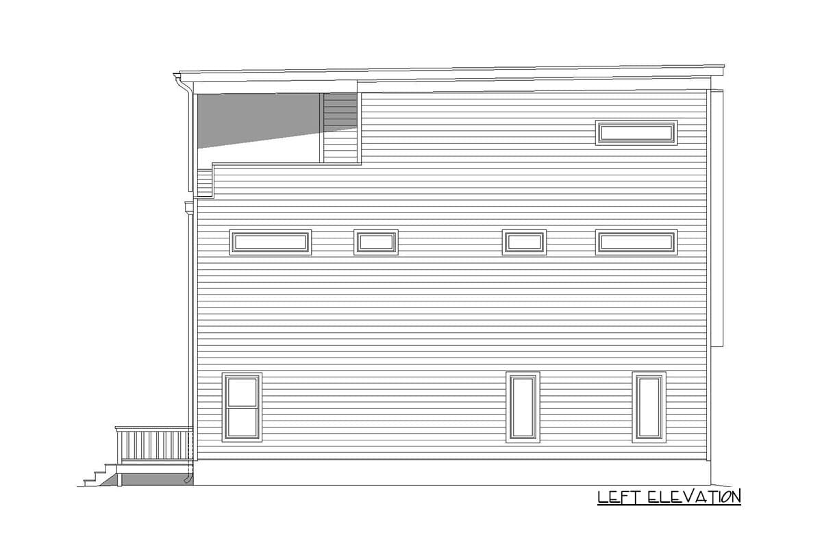 Left elevation drawing of a house plan showing horizontal siding, a balcony, and multiple rectangular windows on two levels.