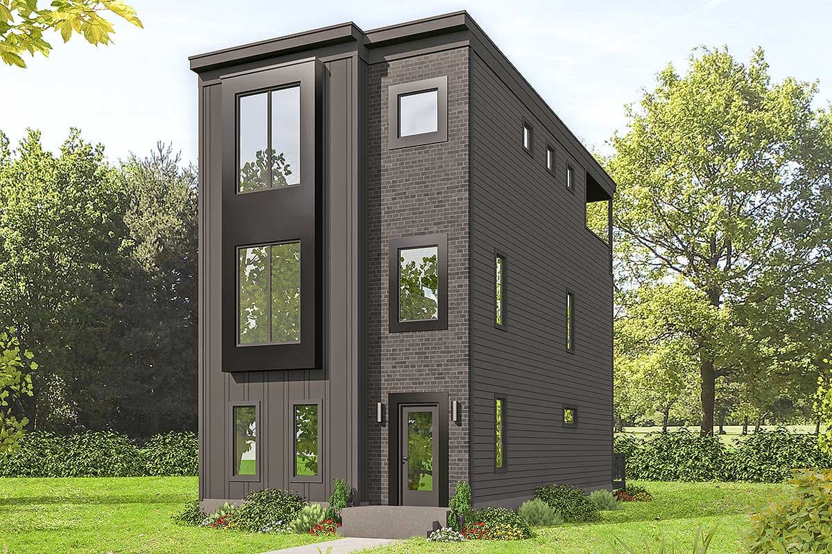 House plan exterior. Modern style, three-story home with flat roof. Features include large rectangular windows, brick facade, and vertical siding.