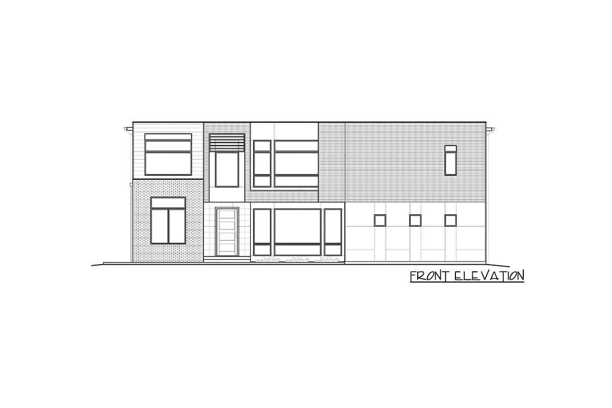 Front elevation drawing of a two-story modern house with varied window sizes and textured siding.