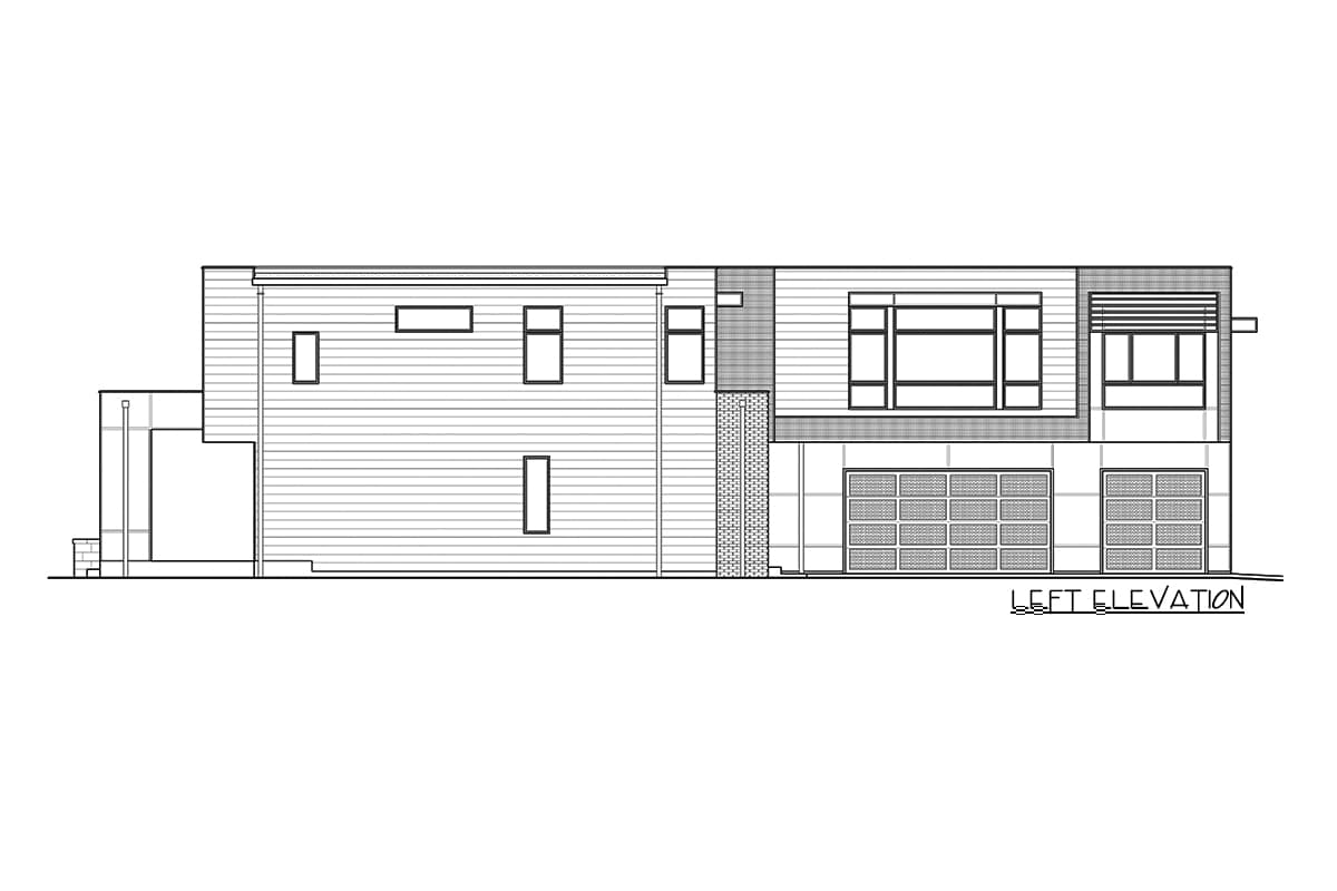 Modern house plan left elevation showing horizontal siding, multiple windows, and a three-car garage.