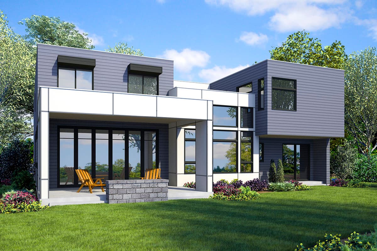 Modern house plan exterior with stacked volumes, large windows, gray siding, and covered patio.