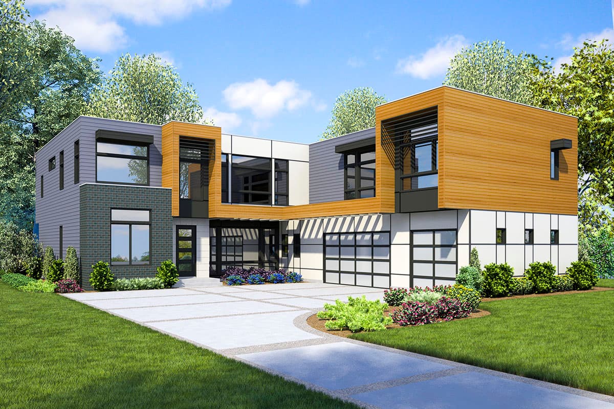 Modern two-story house plan exterior with wood and brick accents, multiple gables, and a detached garage.