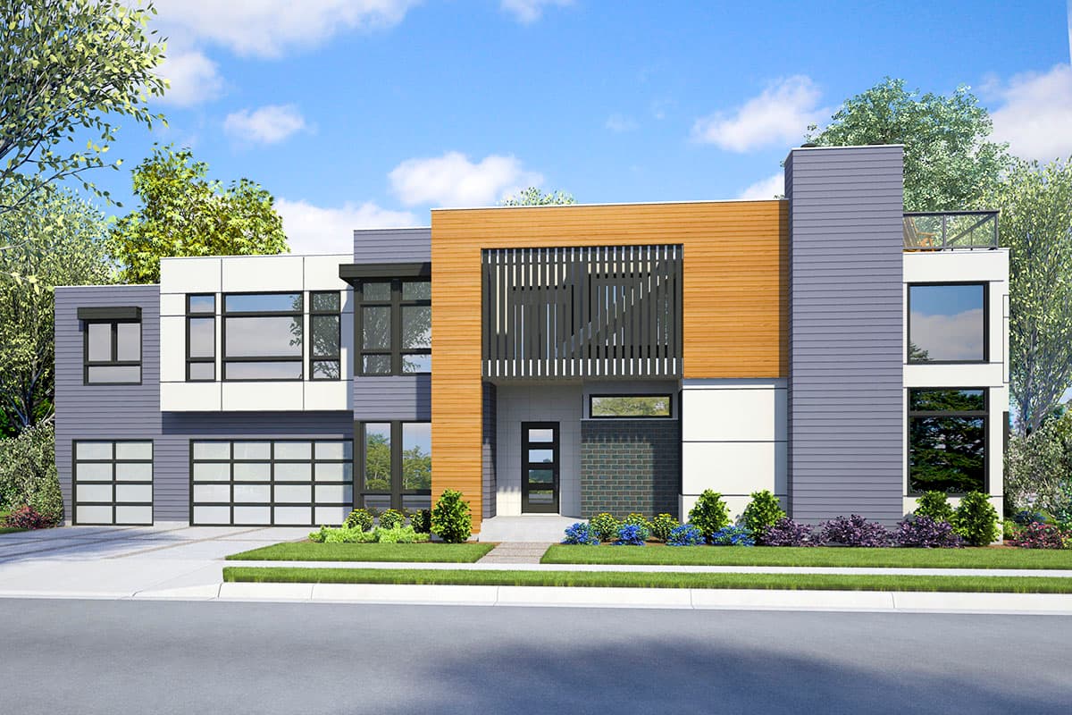 House plan exterior. Modern style, two-story home with flat roof, horizontal siding, and a covered entry. Features include glass garage doors.