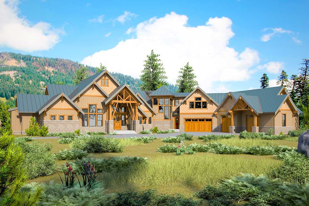 House plan exterior. Craftsman style with multiple gables, exposed timber accents, and a covered entry. Features a two-car garage.