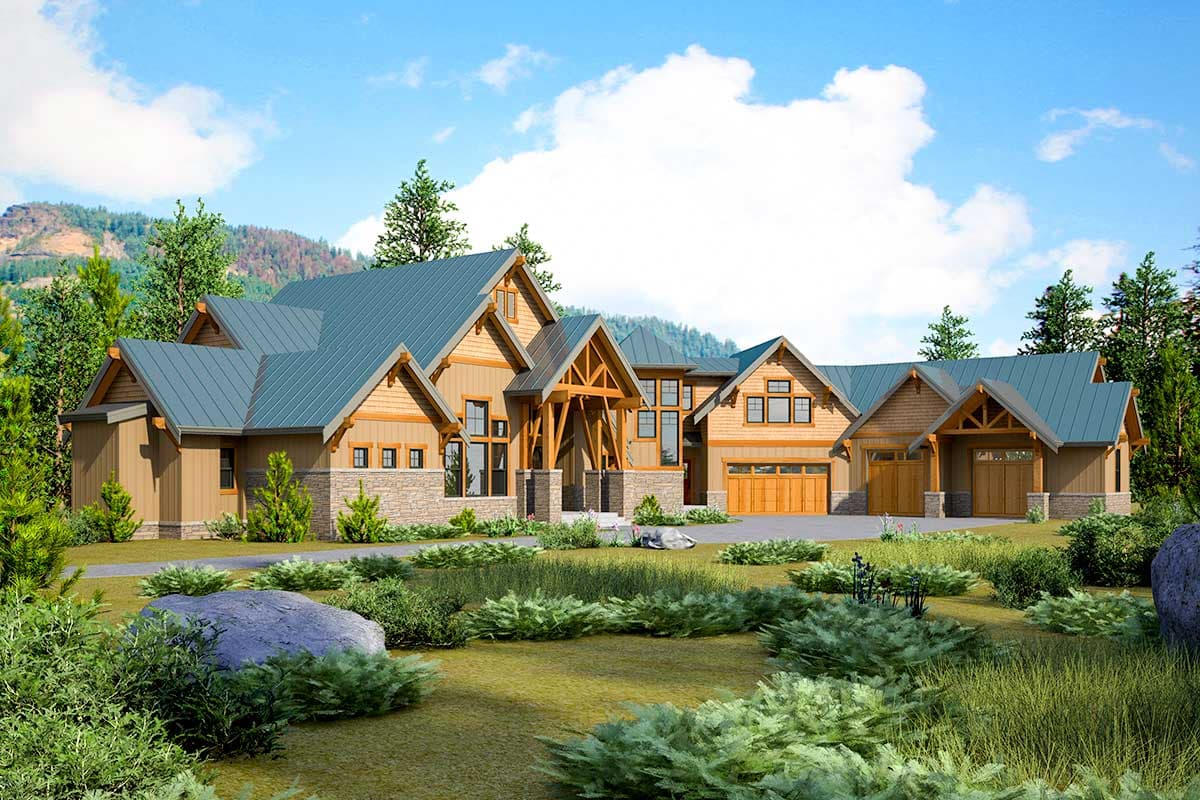 House plan exterior, timber frame accents, stone base, multiple gables, and a three-car garage.