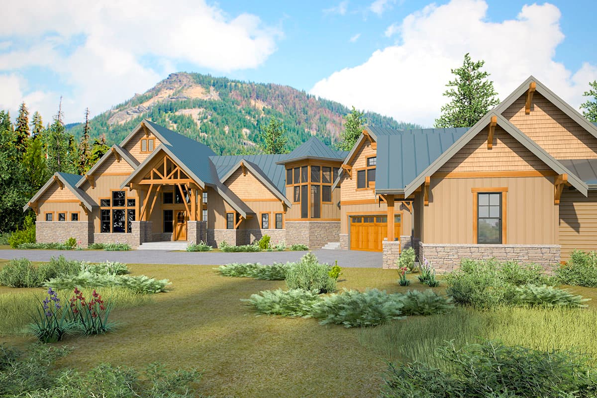House plan exterior features multiple gables, stone base, wood siding, and a prominent covered entry with timber supports.