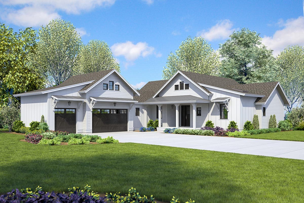 House plan exterior with board and batten siding, multiple gables, a front porch, and a detached two-car garage. Single story.