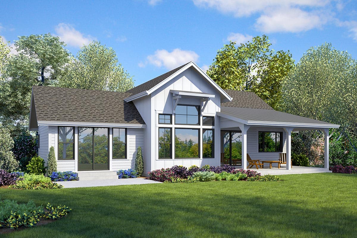 Modern Farmhouse house plan exterior, one story, with large windows, gables, and a covered porch.