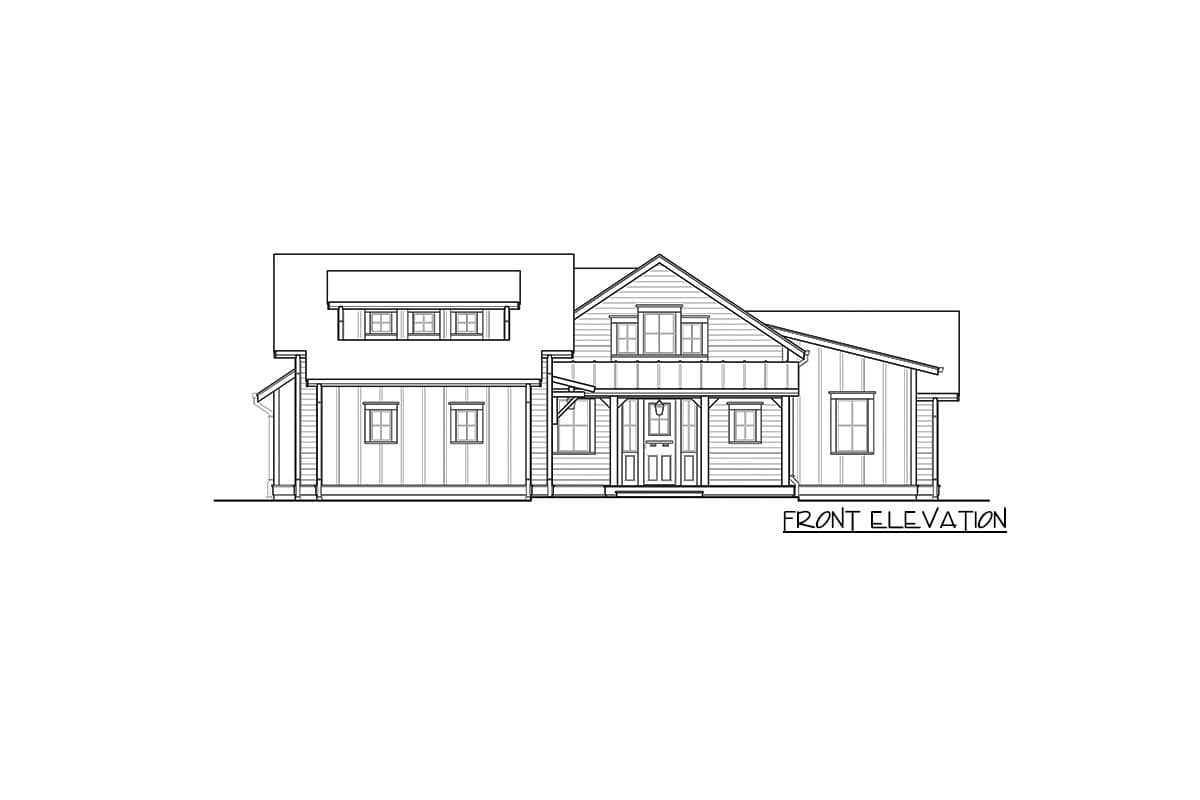 Front elevation drawing of a two-story house plan featuring a covered porch, dormer windows, and board-and-batten siding.